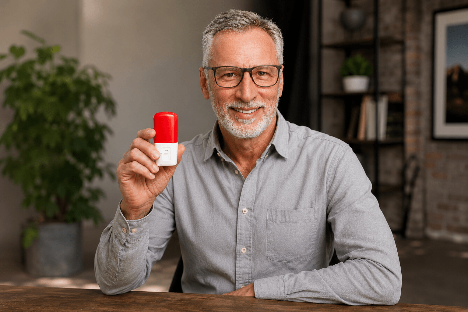 Man holding ZOOZ Mini red night light